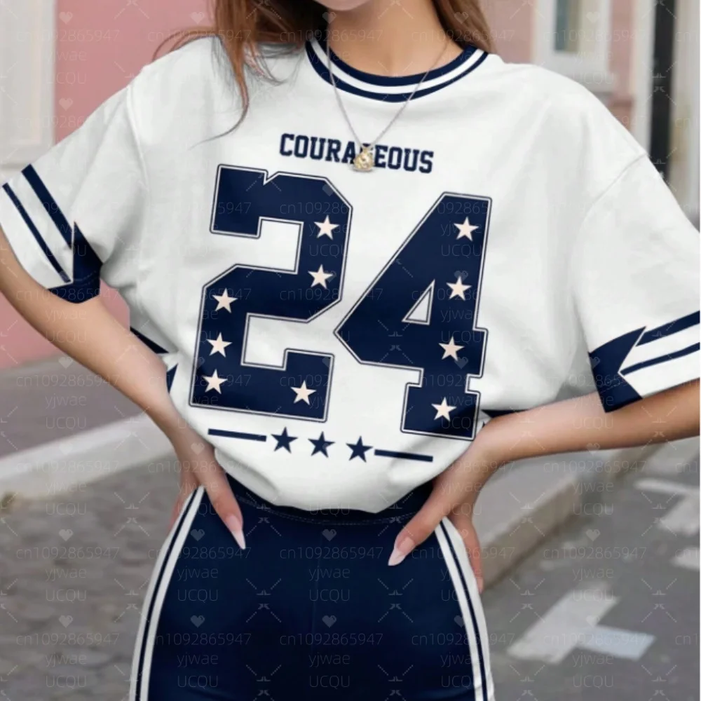 2025 Summer Women Casual NUMBER 24 Print O-Neck Short Sleeve T-Shirt Daily Top Female Creativity O-Neck Loose T-Shirt Casual Tee