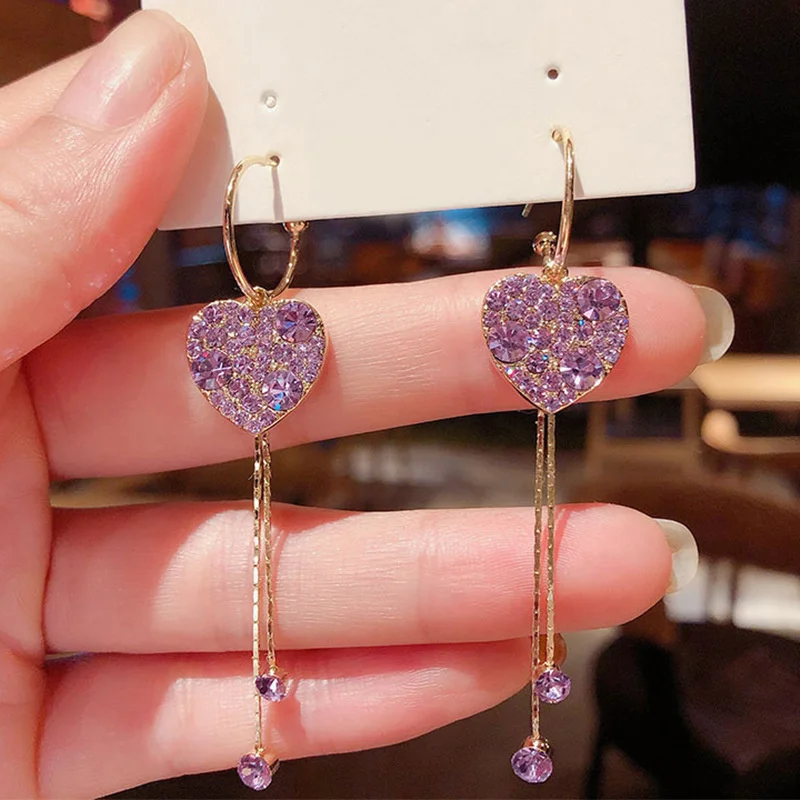 Exquisitos pendientes de circón en forma de corazón para mujeres y niñas, pendientes largos de lujo con borla, pendientes colgantes, regalos de joyería para fiesta y boda