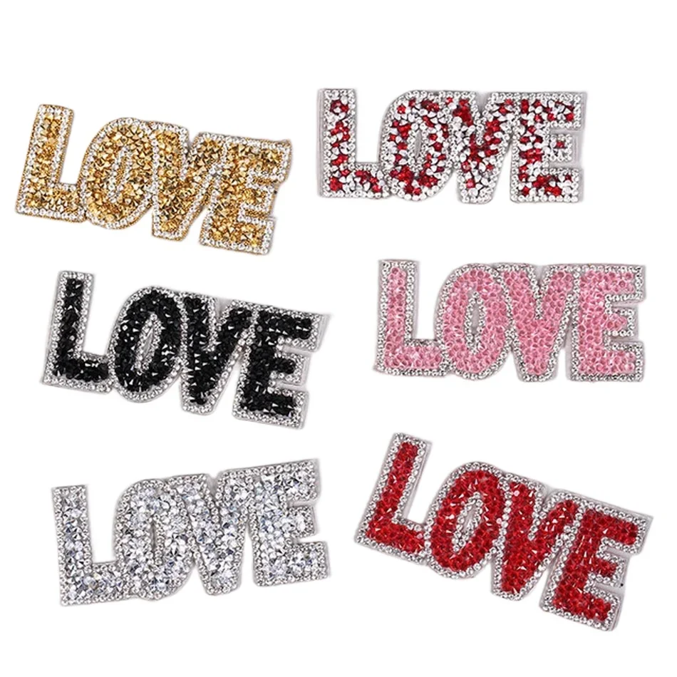 Love Crystal Rhineston Heat Sticker on T-shirt DIY Washable Iron on Transfers for Clothing Bling Design Patches on Clothes Decor