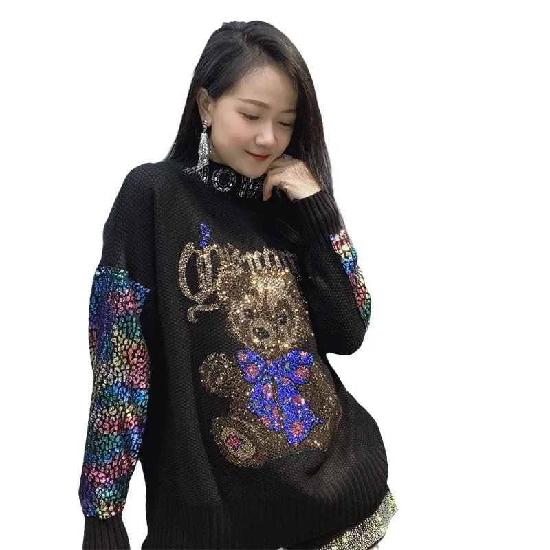 Turtleneck Sequined Long-Sleeved Knitted Top 2023 Autumn Winter Women\'s Clothing Loose Cartoon Hot Rhinestone Pullover Sweater