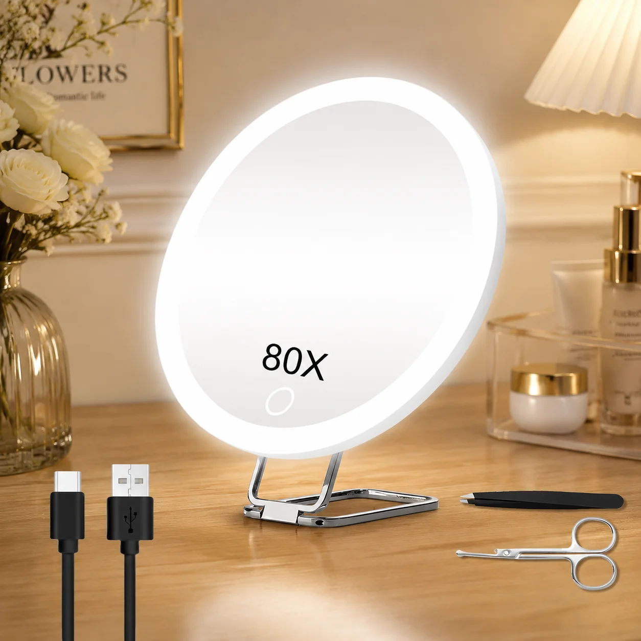1 Piece 80X Led Magnifying Makeup Mirror with Lights, Three-Color Touch-Screen Adjustable Lights, with Adjustable Stand, Tweezers and Trimmer, with 3 Suction Cups for Wall Mounting/Use on Daily Makeup Tables, Magnifies to Remove Blackheads, Pores, Acne, and Blemishes - Suitable for Holiday Gifts