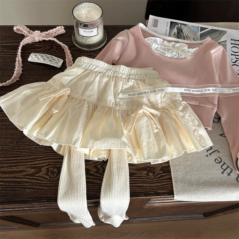 UNITIM Korean Spring Kids Girls 3PCS Clothes Set Fake 2PCS TOPS Ruched Bow Skirts Knitted Sock Leggings Suit Toddler Girl Outfit