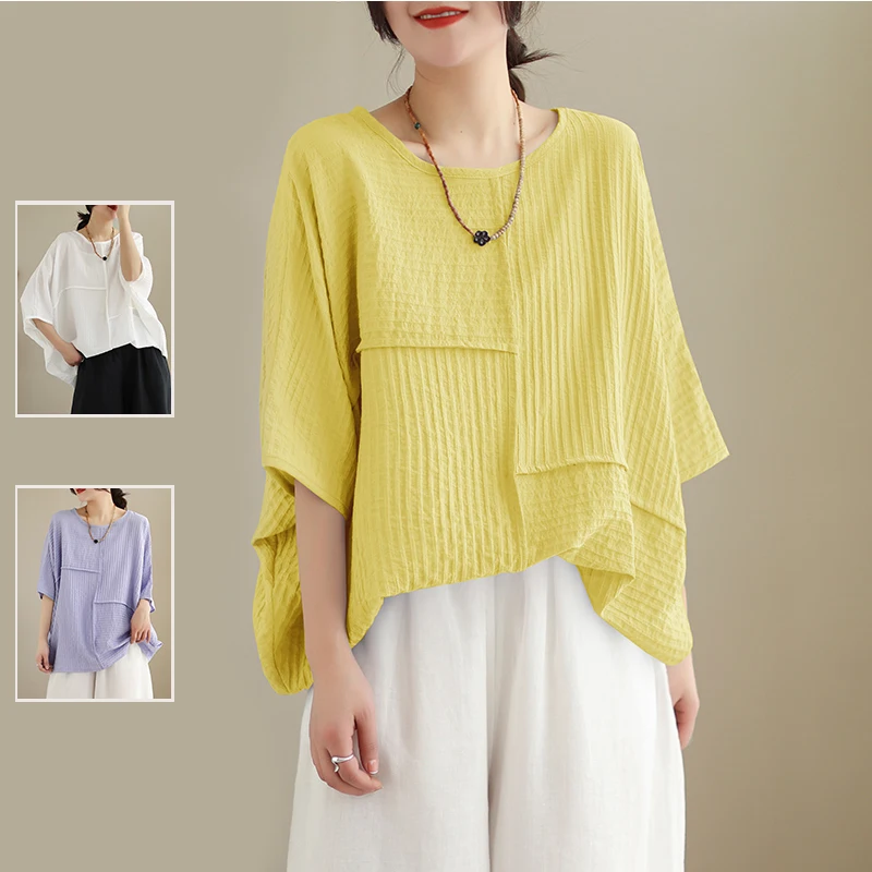 

Женская повседневная футболка больших размеров из хлопка и льна в стиле пэчворк f Sve Batwing Top для младшего возраста с мясом...