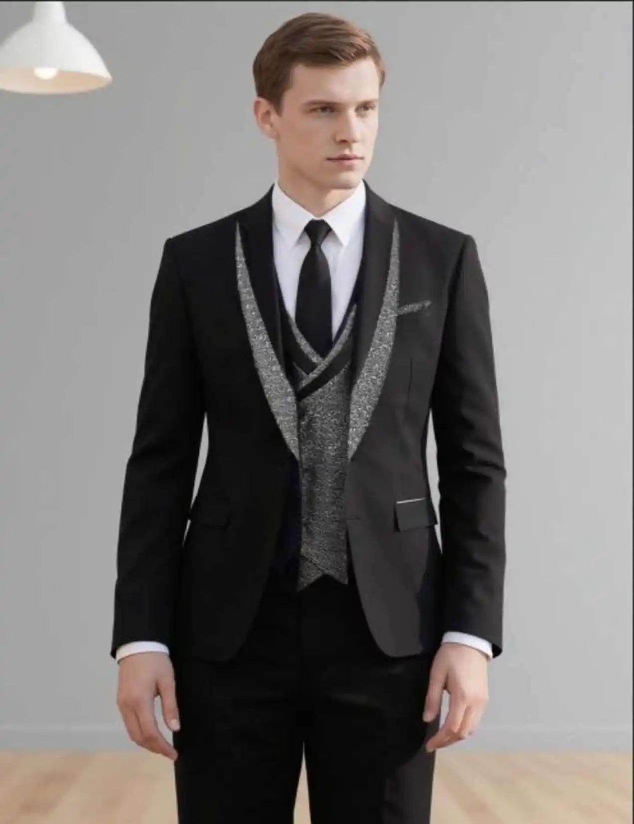 Jas Blazer Pria Tampan Model Tuxedo Kerah Syal Satu Kancing 3 Potong Potongan Klasik untuk Acara Bisnis Pakaian yang Dapat Disesuaikan