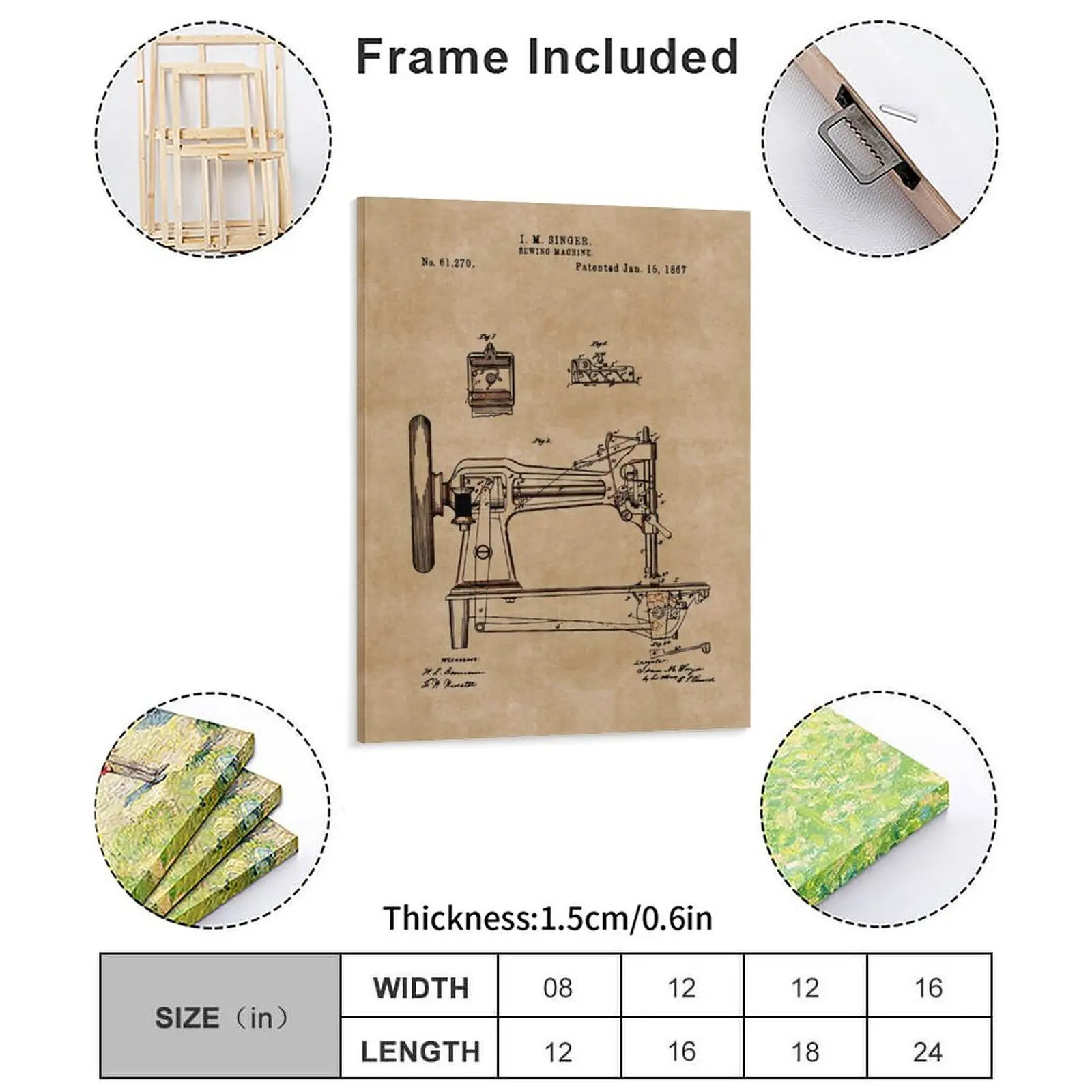 Singer Sewing Machine 1867 Canvas Painting Cinema Garage Party Retro Plaques Framed Wall Painting