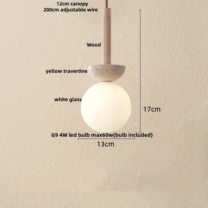 2026 Globe White Glass LED Pendant Lights Hallway Porch Hotel Nordic Modern Yellow Travertine Wood Hang Lamp Luminaire view 2