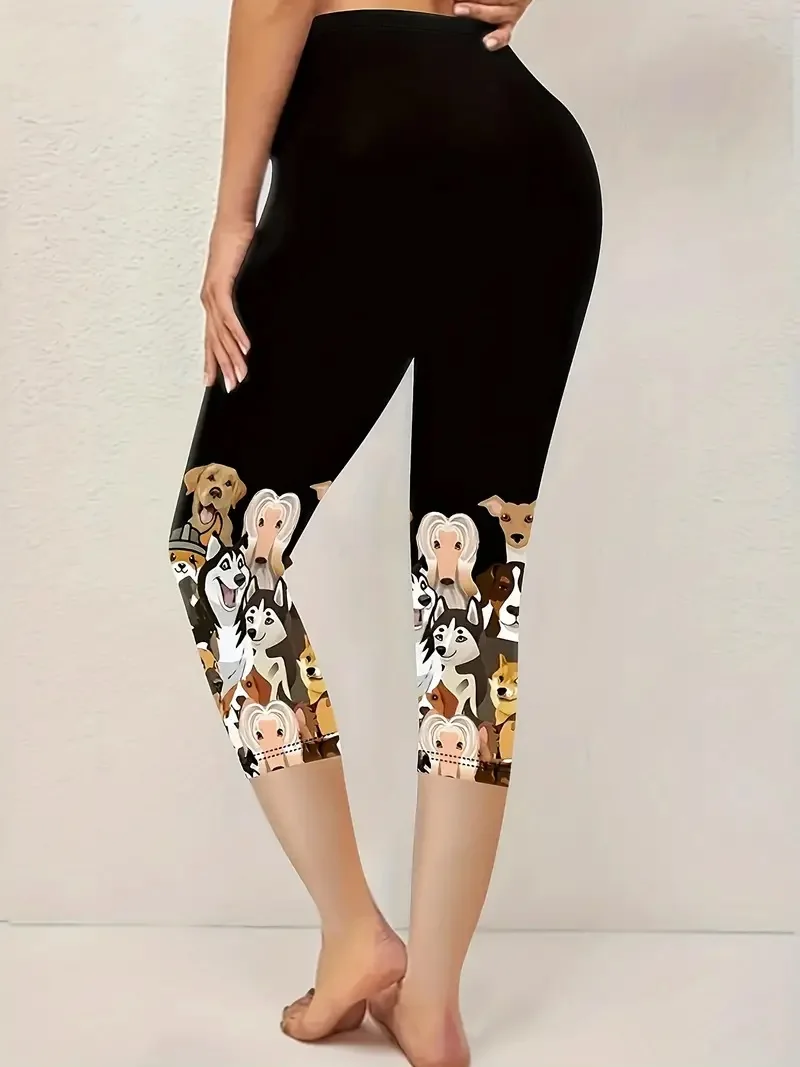 Cartoon dog print slim-fit stretch slim-waist casual seven-point leggings for women