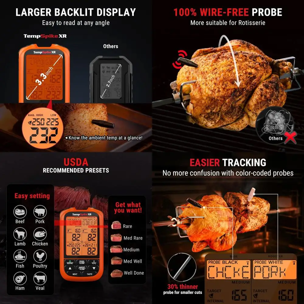 

Беспроводной цифровой термометр для мяса с 2 зондами для приготовления пищи, барбекю и гриля диапазоном 1000 футов