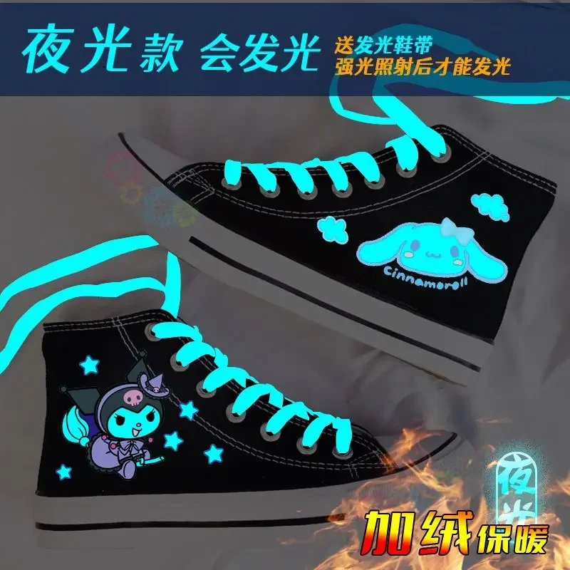 Kawaii Sanrio Hello Kitty Luminous Shoes Kuromi Cinnamoroll Anime Boy High Heel Canvas Breathable Fluffy Sneakers Couple Gifts