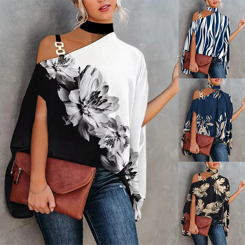 Fashion Women's Bat Shirt Elegant Short Sleeves Casual Printing Halter Neck Shawl Loose Sloping Shoulders Ladies Tops for Summer