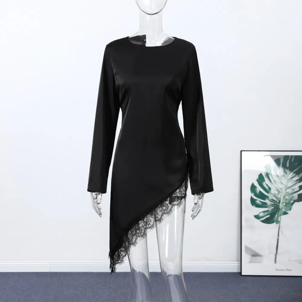 Belted Waist Lace Patchwork Top Flare Sleeve Asymmetrical Design Lace-up Top Elegant Solid Color Long Sleeves Spring Summer