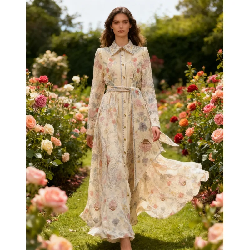 جديد الشارع Sle ارتفاع الخصر طويل Sve ثوب مطبوع مع زر التفاصيل عارضة ثي المواد محايد اللون الربيع جمع