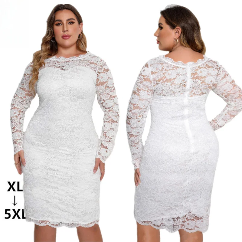 

2024 European and American plus Size Women's Clothes Sexy Evening Short Skirt Skinny Lace Dress