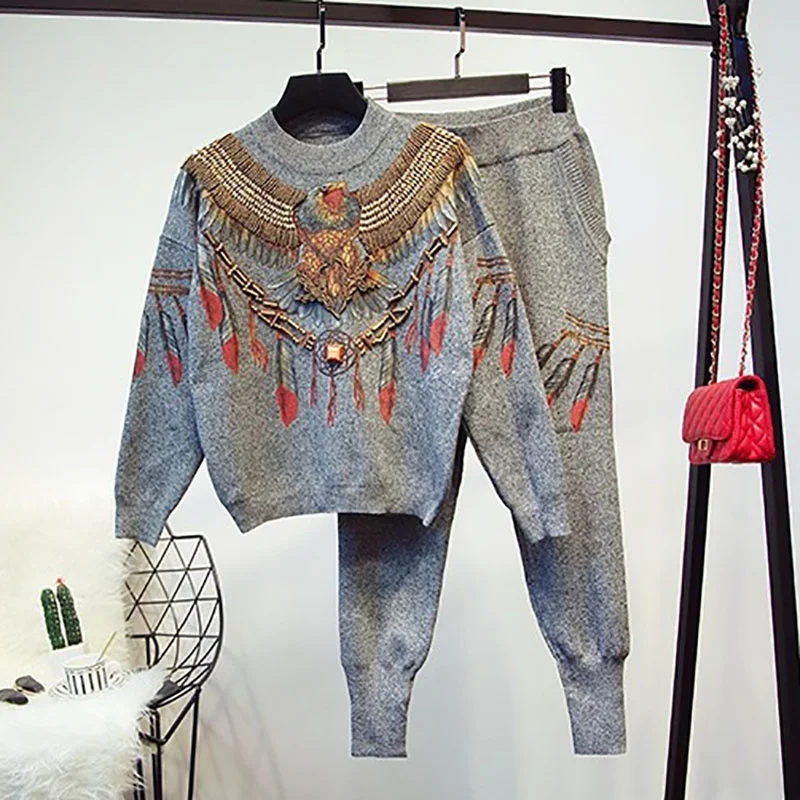 Fashion O Neck Long Sleeve Tracksuit Outfits Manual Beaded Eagle Print Pullover Knitted Tops Casual Pencil Pants Knit 2Pc Sets