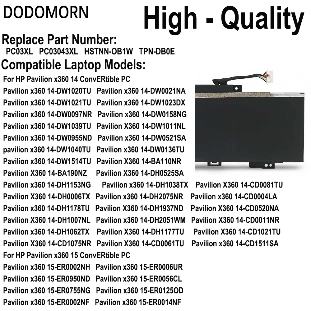 

DODOMORN PC03XL Battery For HP Pavilion X360 14 15 ConvERtible PC Series HSTNN-OB1W TPN-DB0E