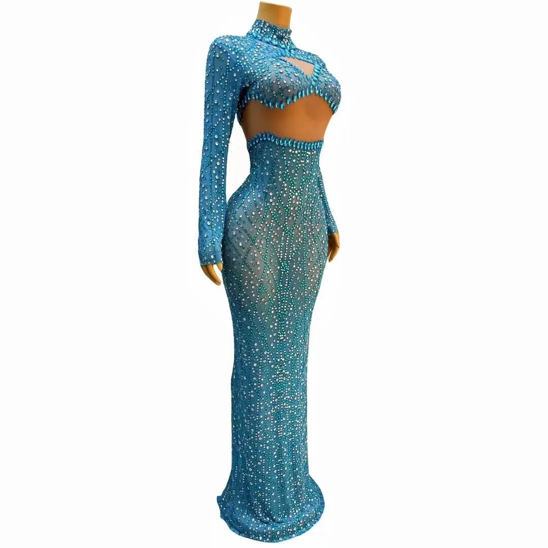 Sexy Full Diamond Mesh Perspective Long Sleeve Wrapped Hip Model Performance Dress Sparkling Nightclub Bar Singer Stage Costume