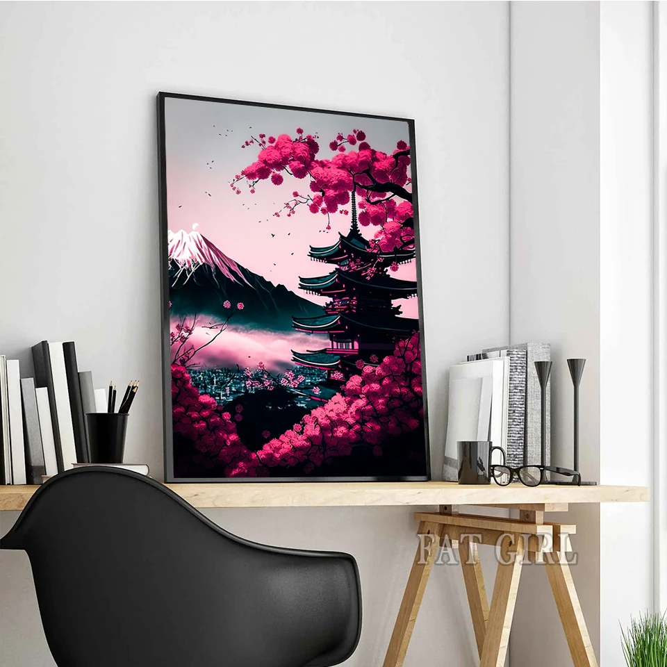 Diamond Mosaic New 2023 Japan Tokyo City Night Street Full Diamond Art Paintings Natural Scenery Cherry Blossom Tree Embroidery
