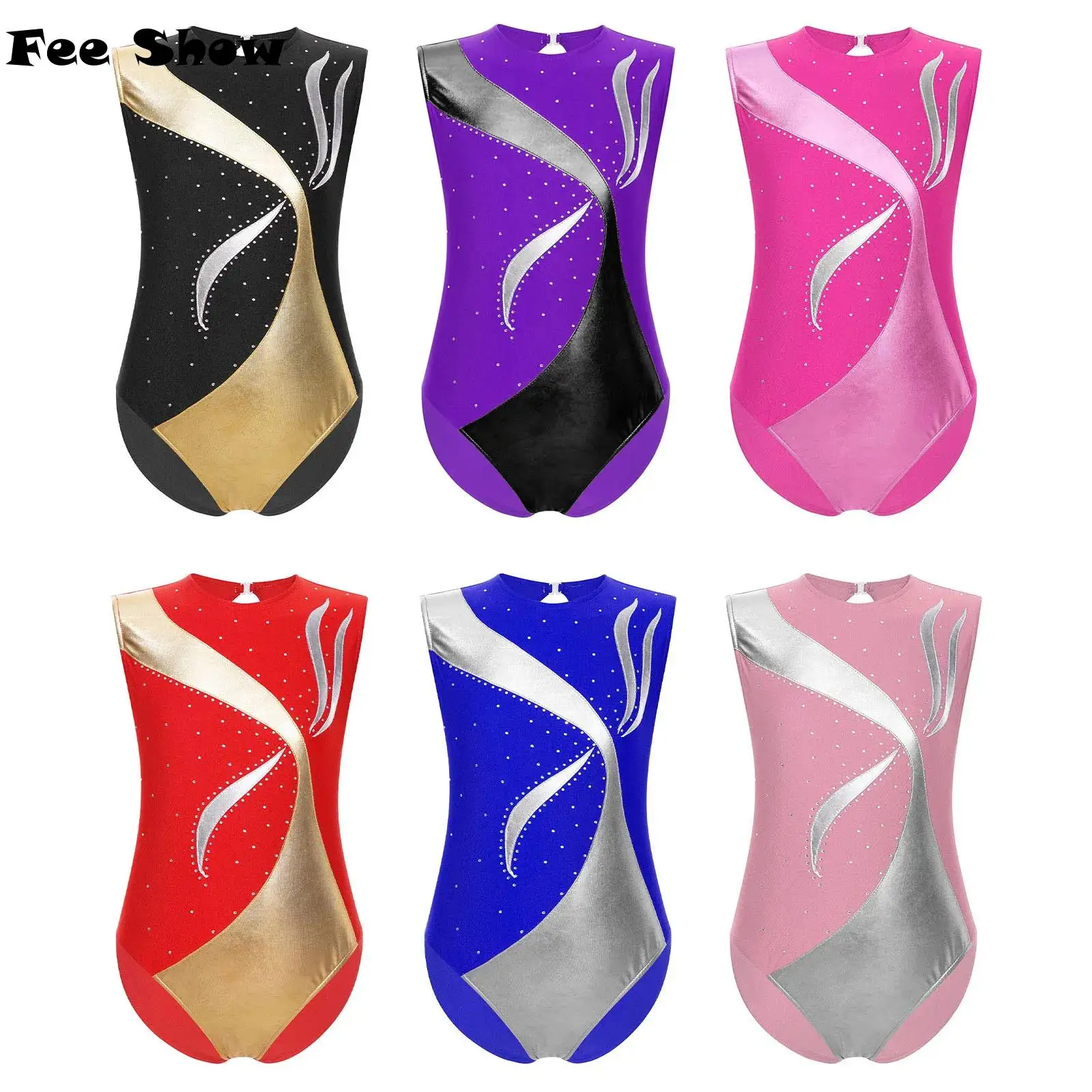 Kids Girls Gymnastics Performance Leotard Metallic Shiny Rhinestones Keyhole Back Sleeveless Yoga Bodysuit Ballet Dancewear