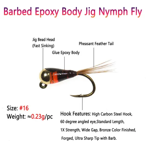 Imagen 2 del producto Bimoo 6 piezas # 16 púas epoxi cuerpo Jig Ninfa mosca cola de faisán hundimiento rápido húmedo Euro Ninfa mosca trucha Panfish Grayling señuelo de pesca