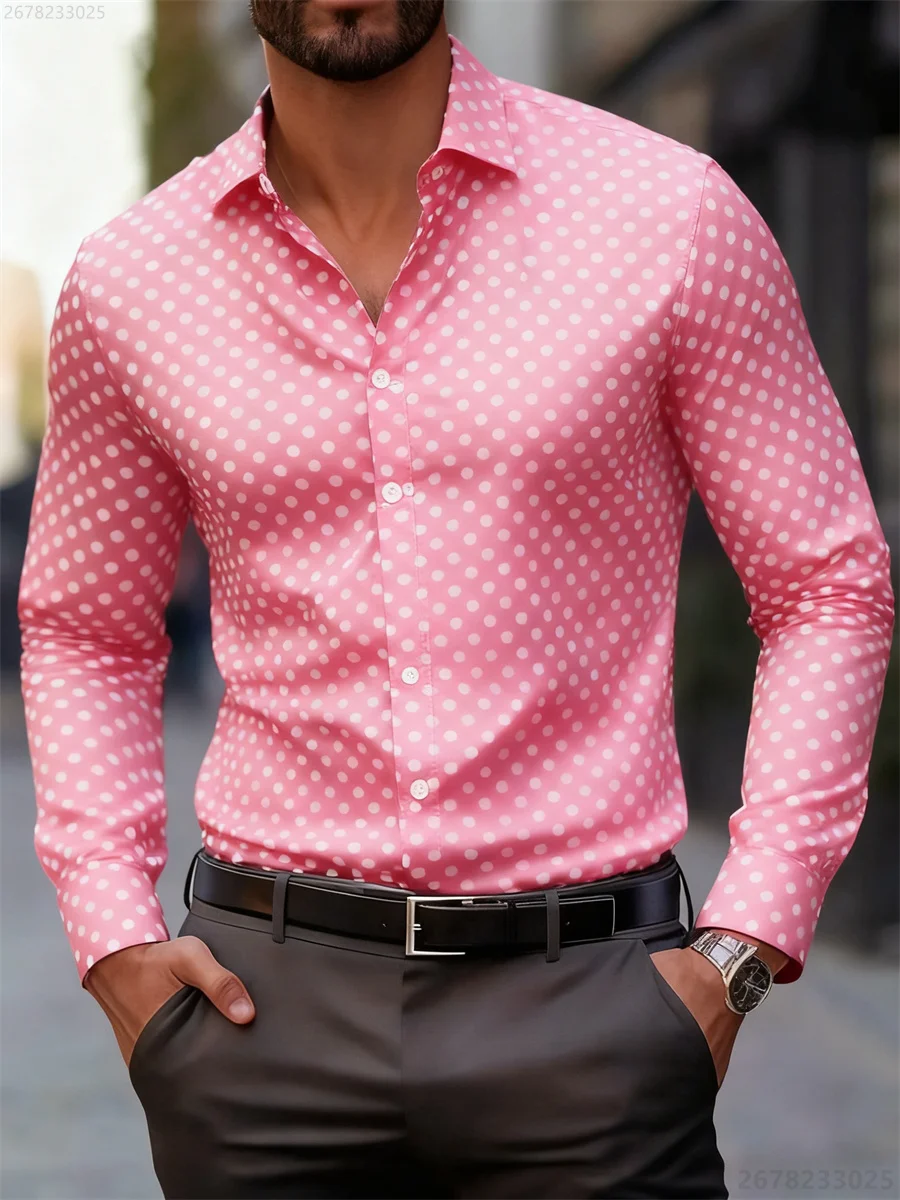 Men's Fashionable Polka Dot Print Long-Sleeved Shirt, Popular Business Casual Slim-Fit Versatile Daily Commuting Trendy Shirt