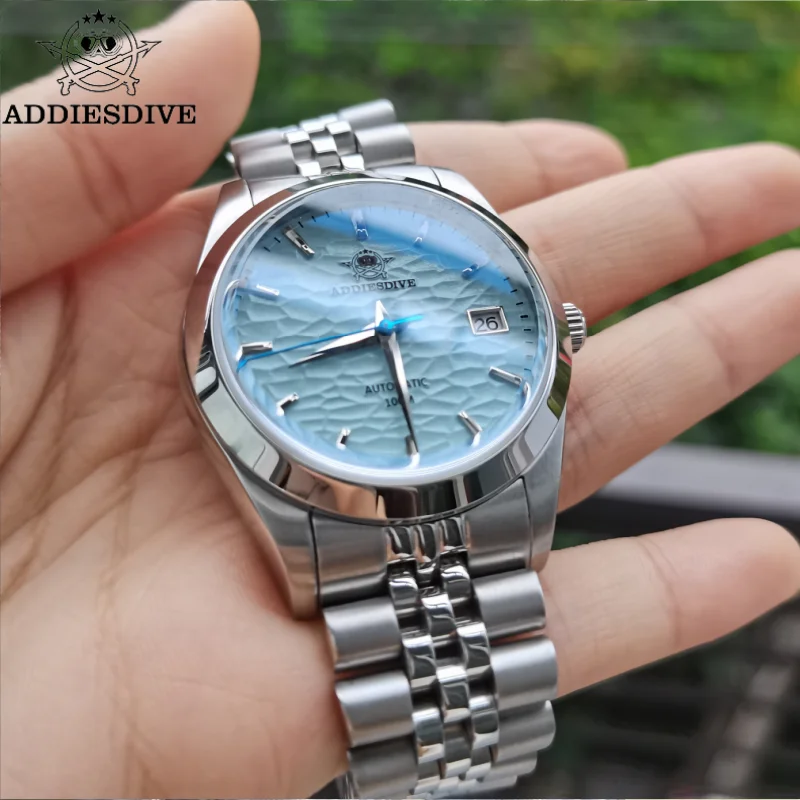 ADDIESDIVE Wave Texture Men\'s Luxury Watch 10Bar Diver Relogios Masculino Bubble Mirror Glass Automatic Mechanical Watches