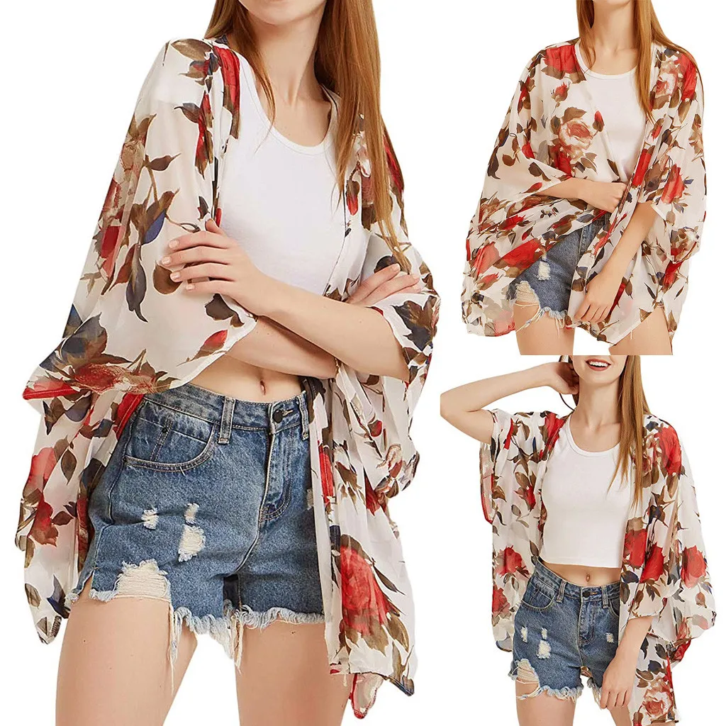 Chiffon Womens Japanese Print Blouse Smock Cardigan Tops Floral Long Sleeve Kimono Suncreen Ladies T Shirts Transparent Tops