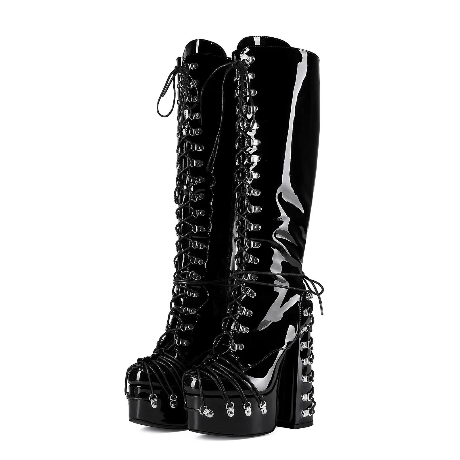 

15cm chain decorative Platform Knee Boots patent leather round toe thick heels punk style elevated trend boots