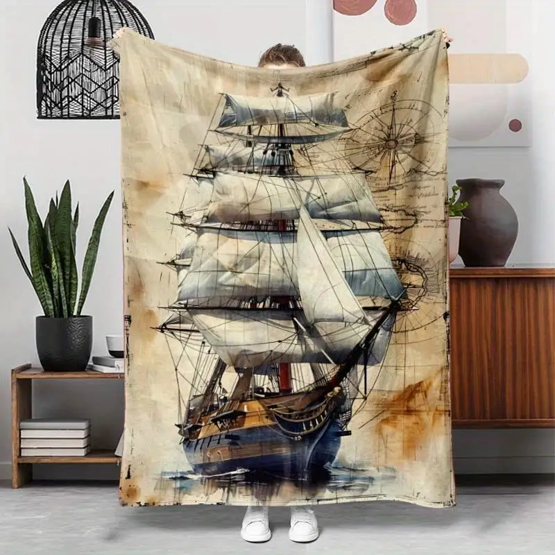 Retro nautical-themed pattern Flannel printed blanket suitable for all seasons suitable for living room office sofa and travel