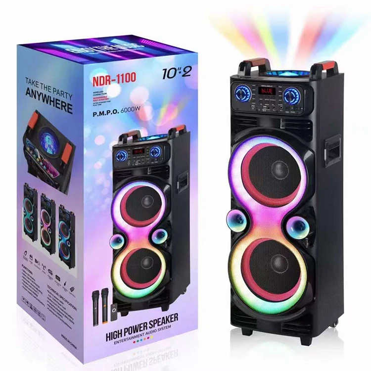 

NDR-1100 Trolley Big Sound Wood Wireless Speaker DJ Powerful Active Professional Stage BT Speaker Double 10 Inch Outdoor Speaker