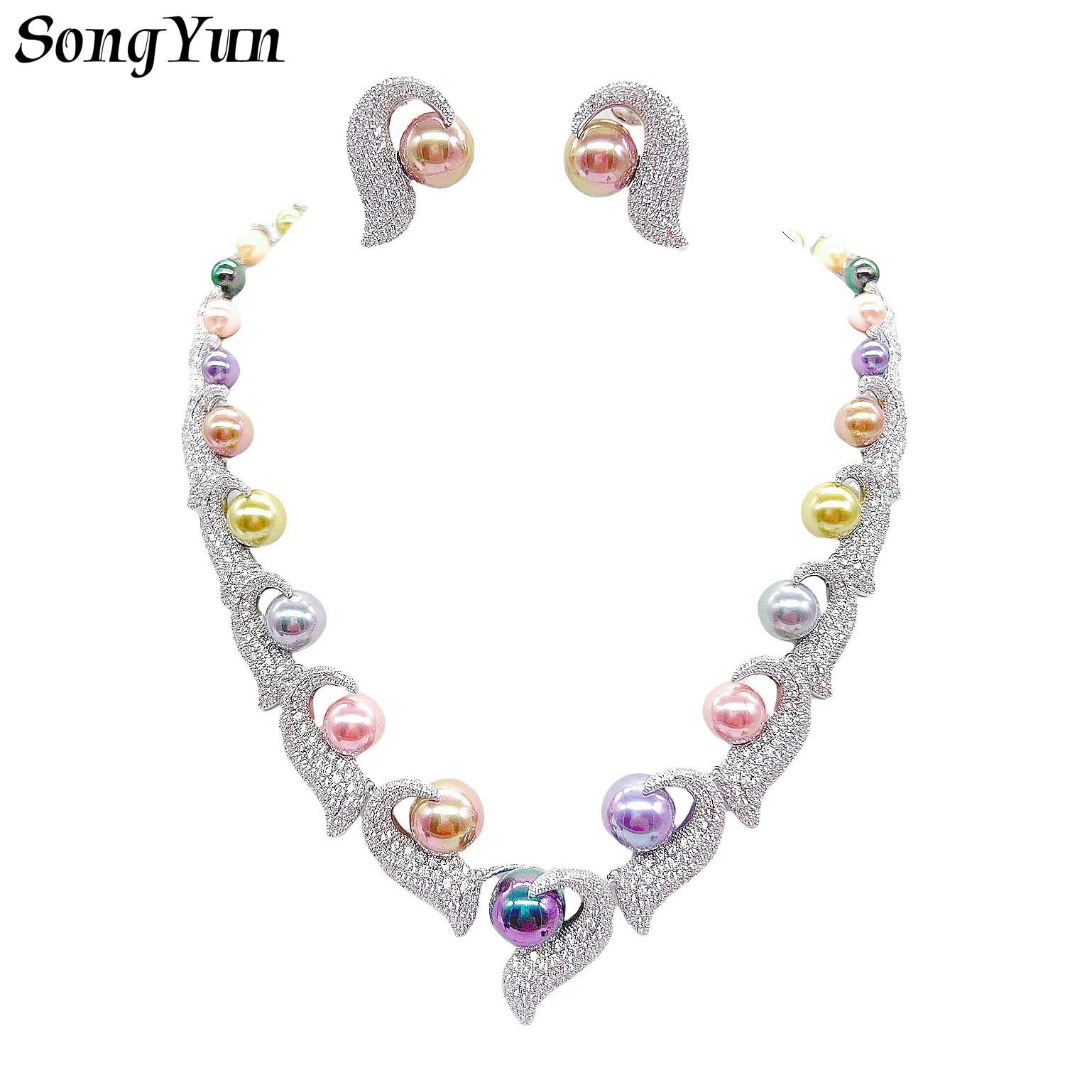 

Luxury Jewelry Set Cubic Zircon Colorful Imitation Pearl Flower Necklace Earrings Set for Women's Wedding Anniversary Gift Party