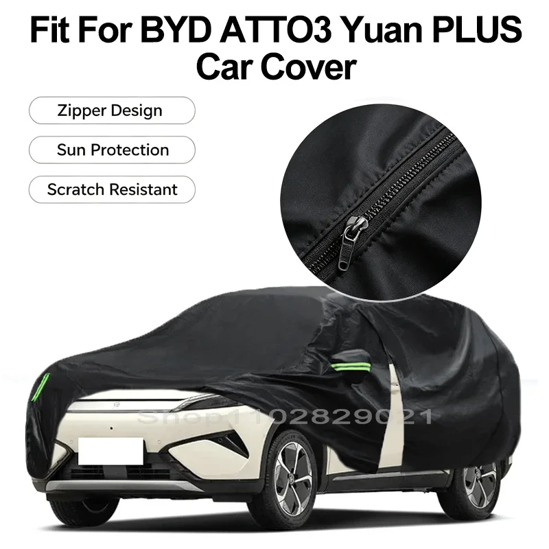 Zipper Door Waterproof Car Cover For BYD ATTO3 Yuan PLUS Windproof Dustproof UV Protection All Weather Auto Protector