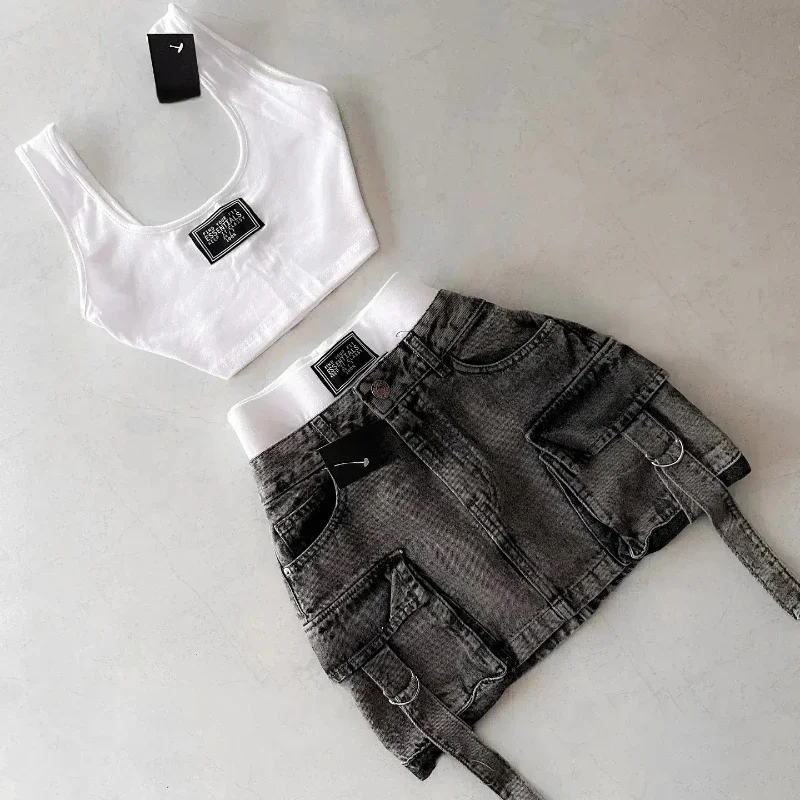 Multiple Pockets Denim Plaid Skirt Goth Black Mini Skir Vintage Y2K New Fashion Womens Casual Versatile Sexy Streetwear