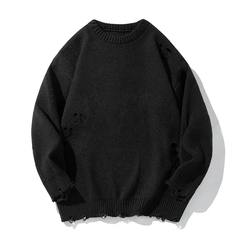 TFETTERS Brand Ripped Sweaters Male 2024 New Autumn Winter Solid Color Baggy Gray Knit Pullovers Man Fashion Vintage Clothing