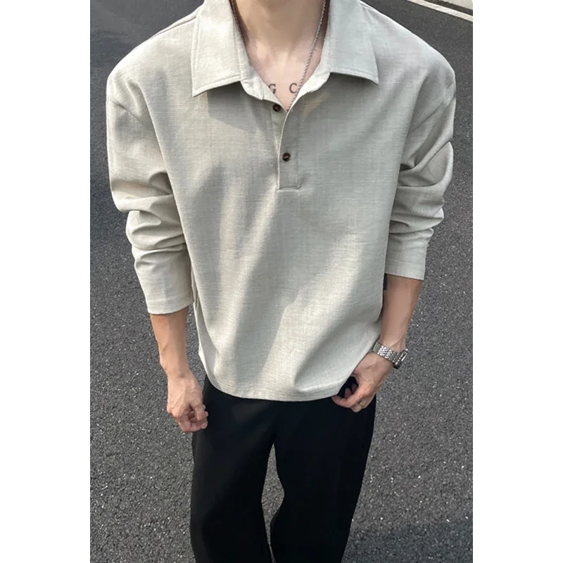 Men Minimalist Linen Texture Long Sleeve Polo Shirt Lapel Three Button Placket Relaxed Casual Blouse