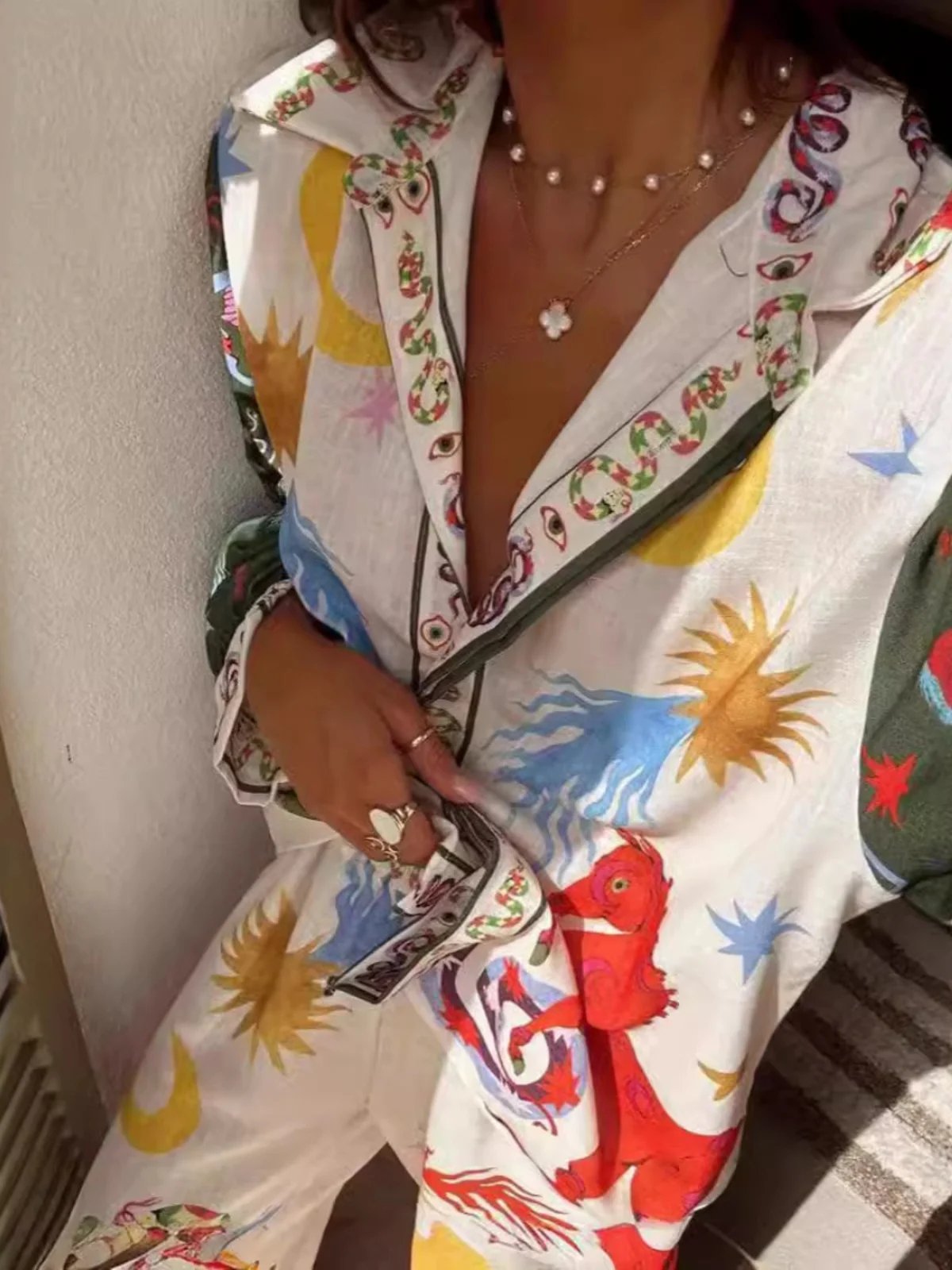 

Модный льняной комплект с принтом Aron Long Sve irt, женский персональный трансграничный длинный брючный костюм, осенне-зимний сезон