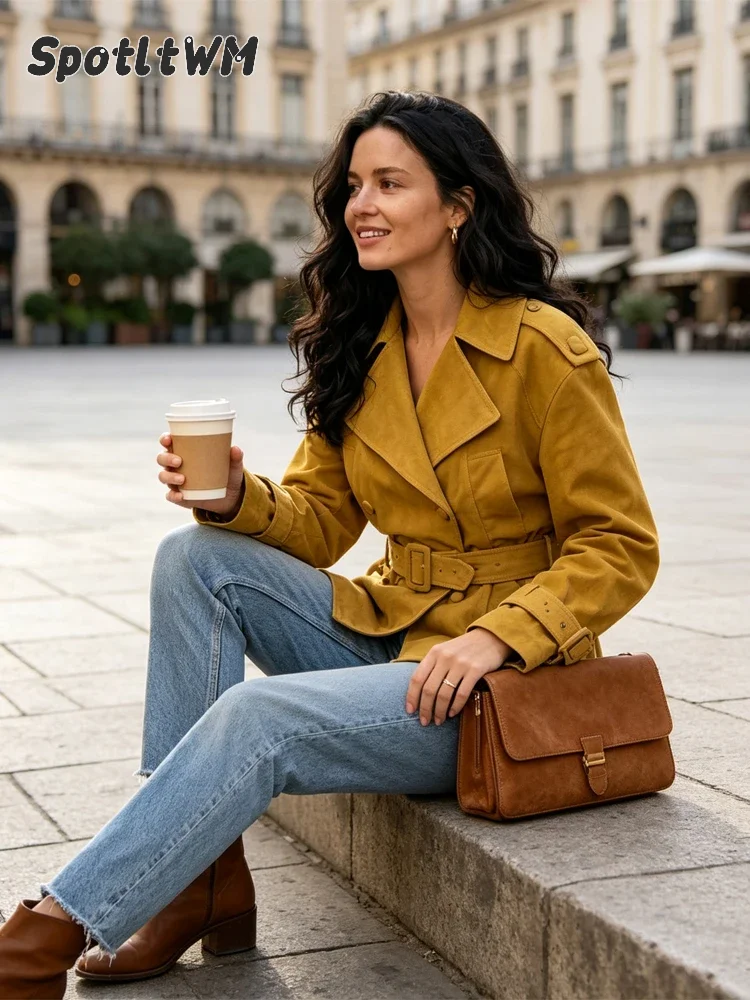 Women Solid Faux Suede Belted Cropped Jacket Lapel Shoulder Epaulets Double Breasted And Cuff Buckle Straps Autumn Outer Coat