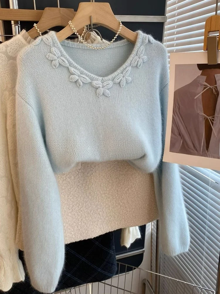 

Мягкий уютный вязаный свитер Long Sve V-Ne Ele Lazy Sle Top Перфорированный 3D-дизайн Уникальный маленький корейский модный свитер...