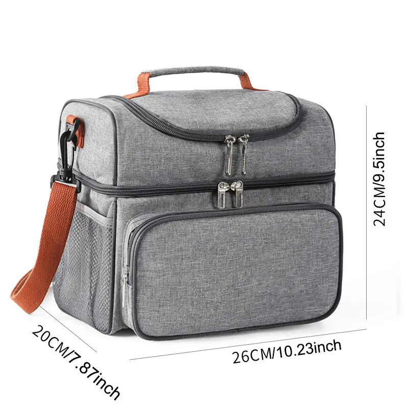Lunch Bag, Double-Layer Insulated Lunch Box, Large Refrigerated Handbag with Detachable Shoulder Strap, Open Hot Meal Preparatio