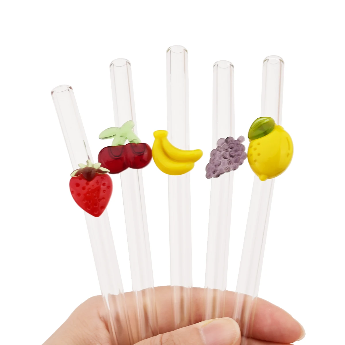 5pcs Fruit Creative Stickers Straw High Borosilicate Glass Straw Set Milk Tea Juice Cocktail Straw with Brush Bar Accessories