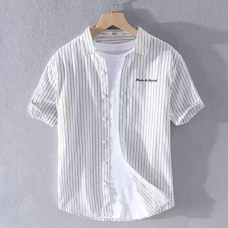 2026 New Men's Summer Casual Thin Striped Open Cardigan Short Sleeve Shirt Loose Fit Half Sleeve Breathable Polyester Fiber