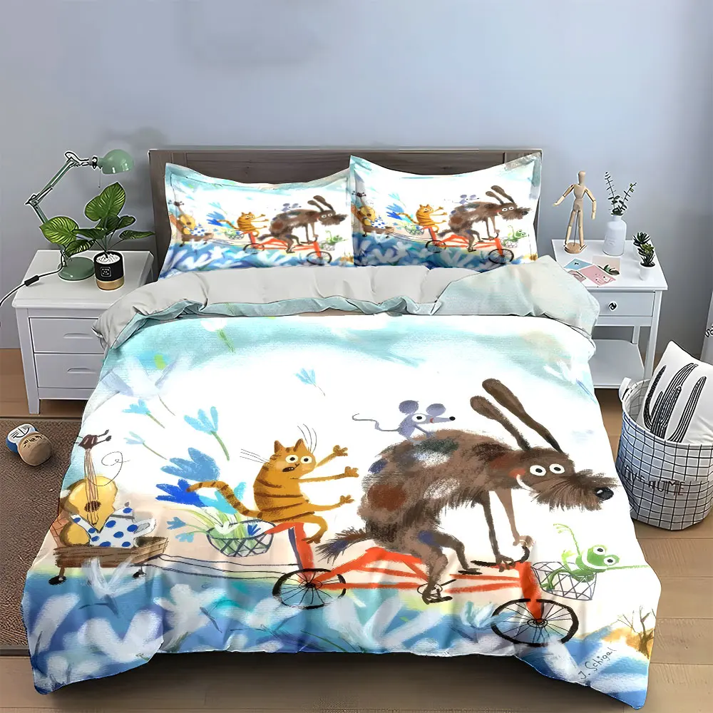 

"Cartoon Animal Bicycle Trip Set" Bedding Set with 1 Duvet Cover 2 Pillowcases Single Double King Queen, Gift