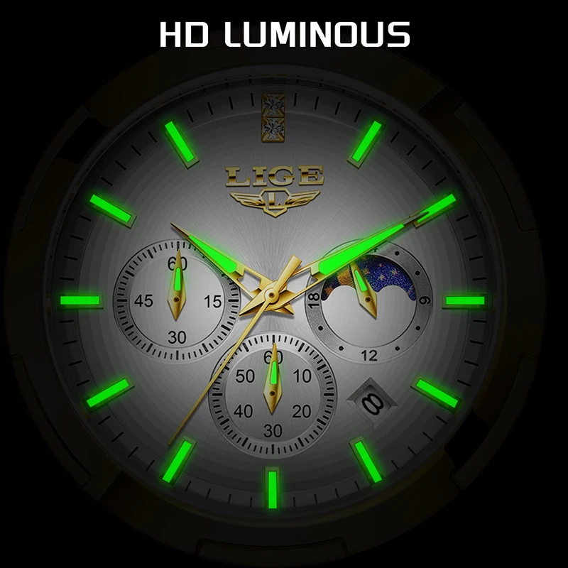 LIGE Women's Watches Top Brand Luxury 24 Hour Moon Phase Quartz Watch For Women Waterproof Luminous Chronograph Relogio Feminino