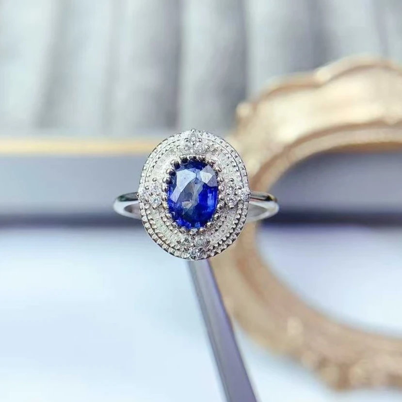 Natural Sapphire Engagement Ring for Women 925 Silver Jewelry with 18K Gold Plating 5mm*7mm 0.7ct Genuine Blue Sapphire Ring