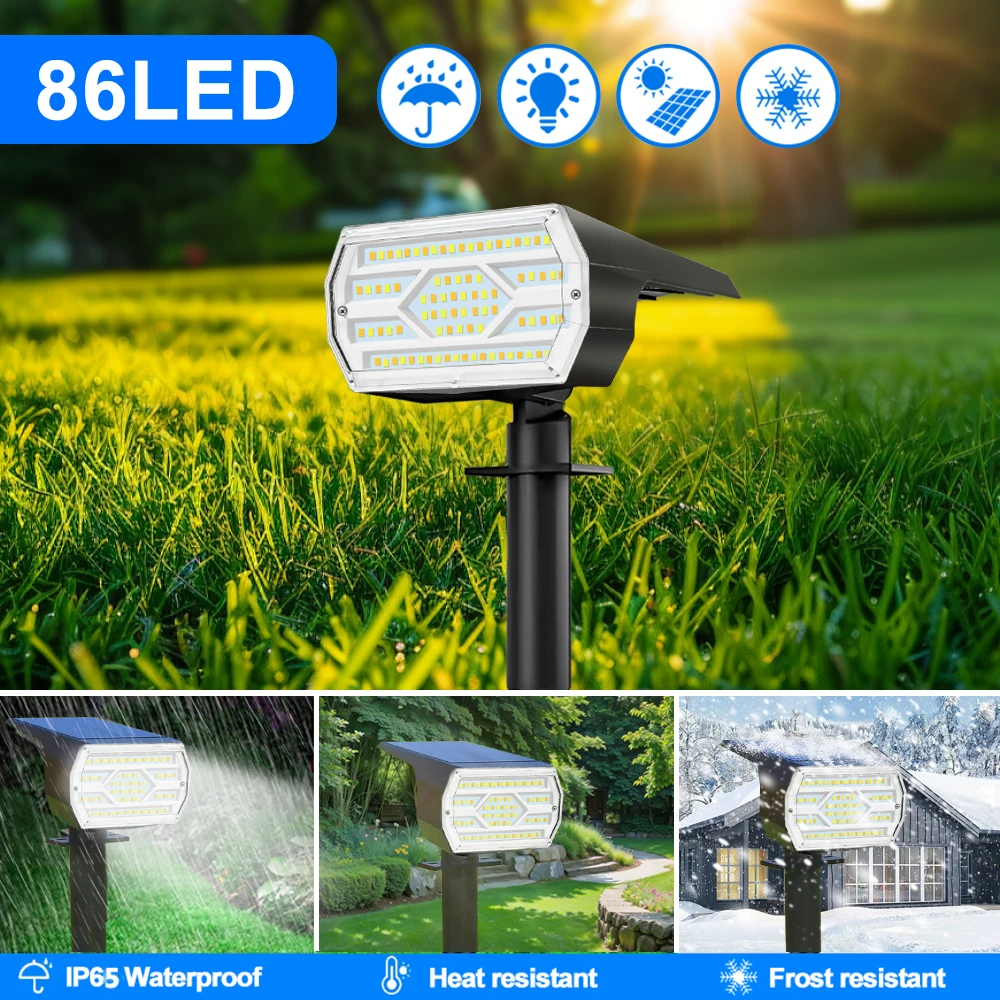 Solar Spot Lights Outdoor 86/74LED 3 Color Lighting Waterproof Solar Powered Landscape Spotlights Wall Yard Garden Pathway Lawn