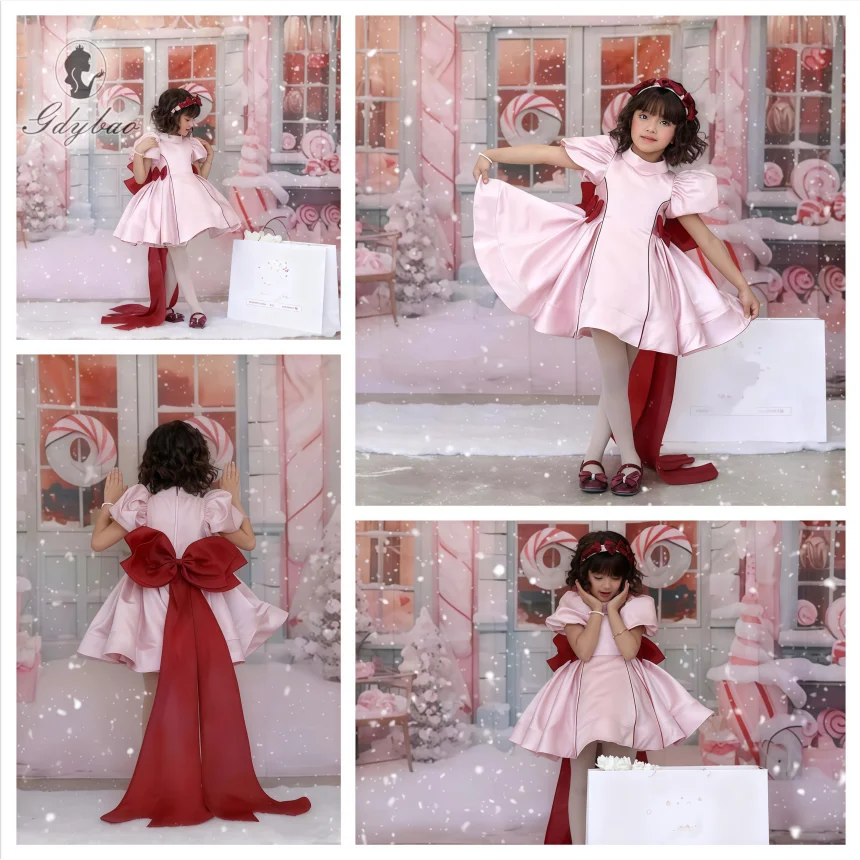 

Индивидуальные очаровательные новые розовые платья для девочек на свадьбу 2026 года с красными бантами, платья для девочек на день рождения, платья для первого причастия