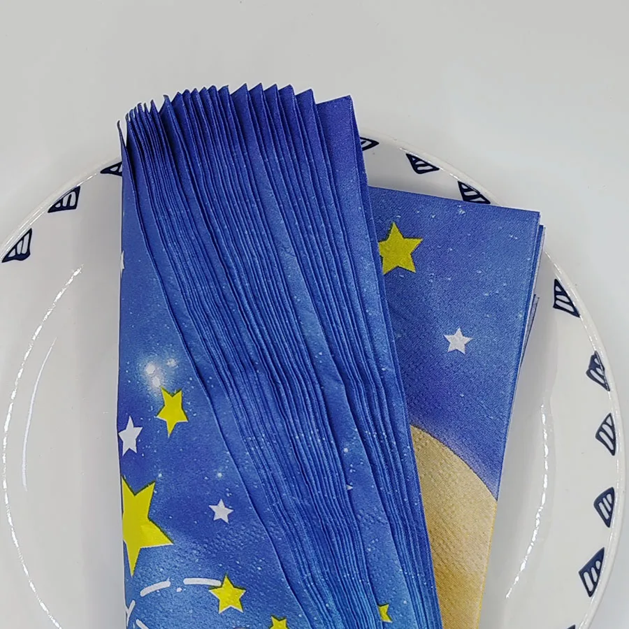 10/20pcs Cosmic Blue Paper Napkins Double Sided w/ Smiling Planets & Rocket Flames | Disposable Table Decor for Galaxy Party
