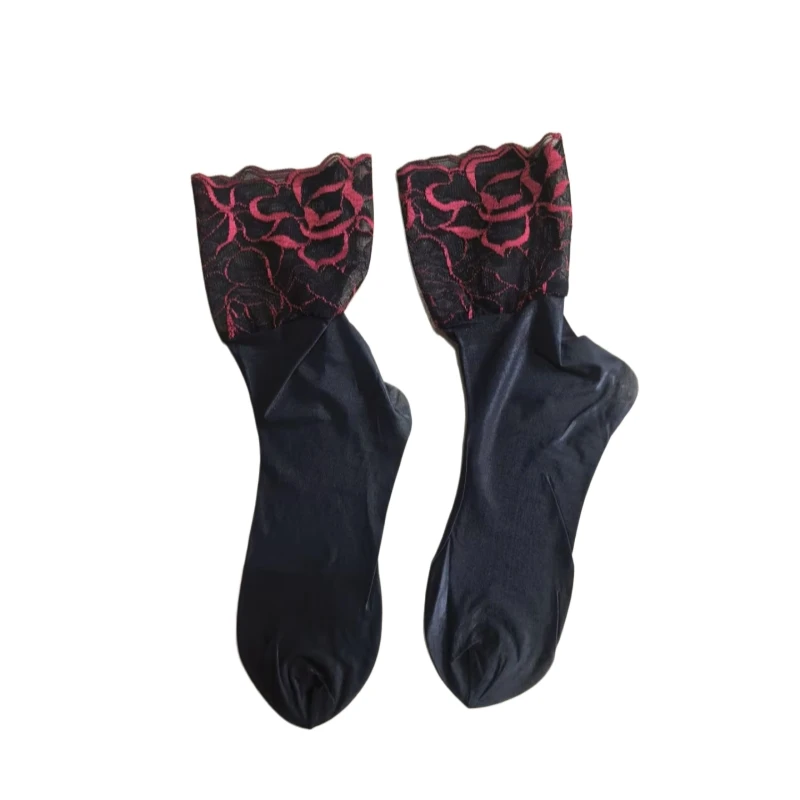 5 Colors Lace Patchwork Low Tube Short Socks With Foot Shape Men Women 3D Oil Shiny Silky Transparent Ankle Socks For Summer