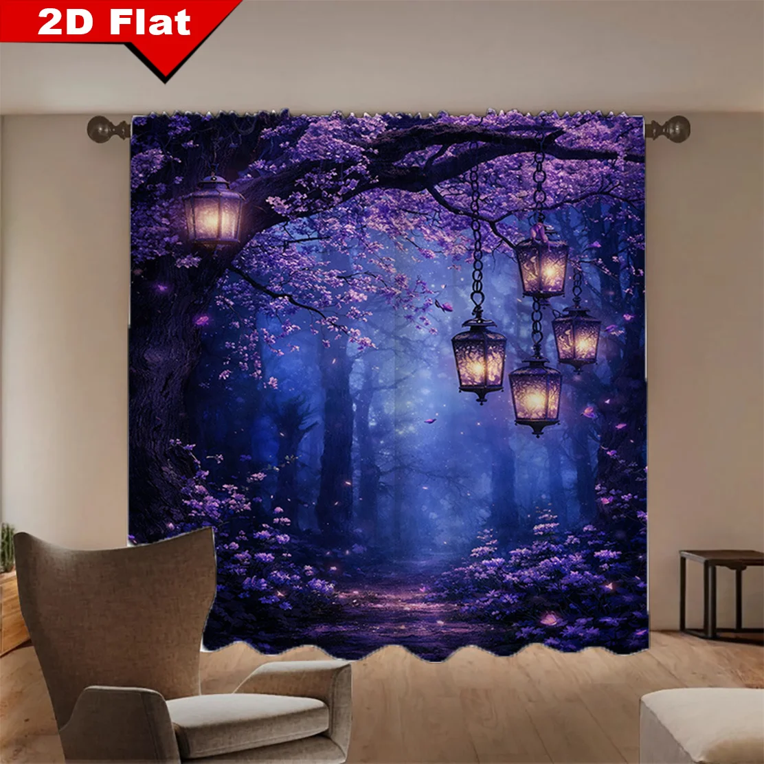 2pcs Purple Forest Curtains Magic Lantern Cherry Blossom Print Drape Living Room Bedroom Window Treatment Fantasy Home Decor