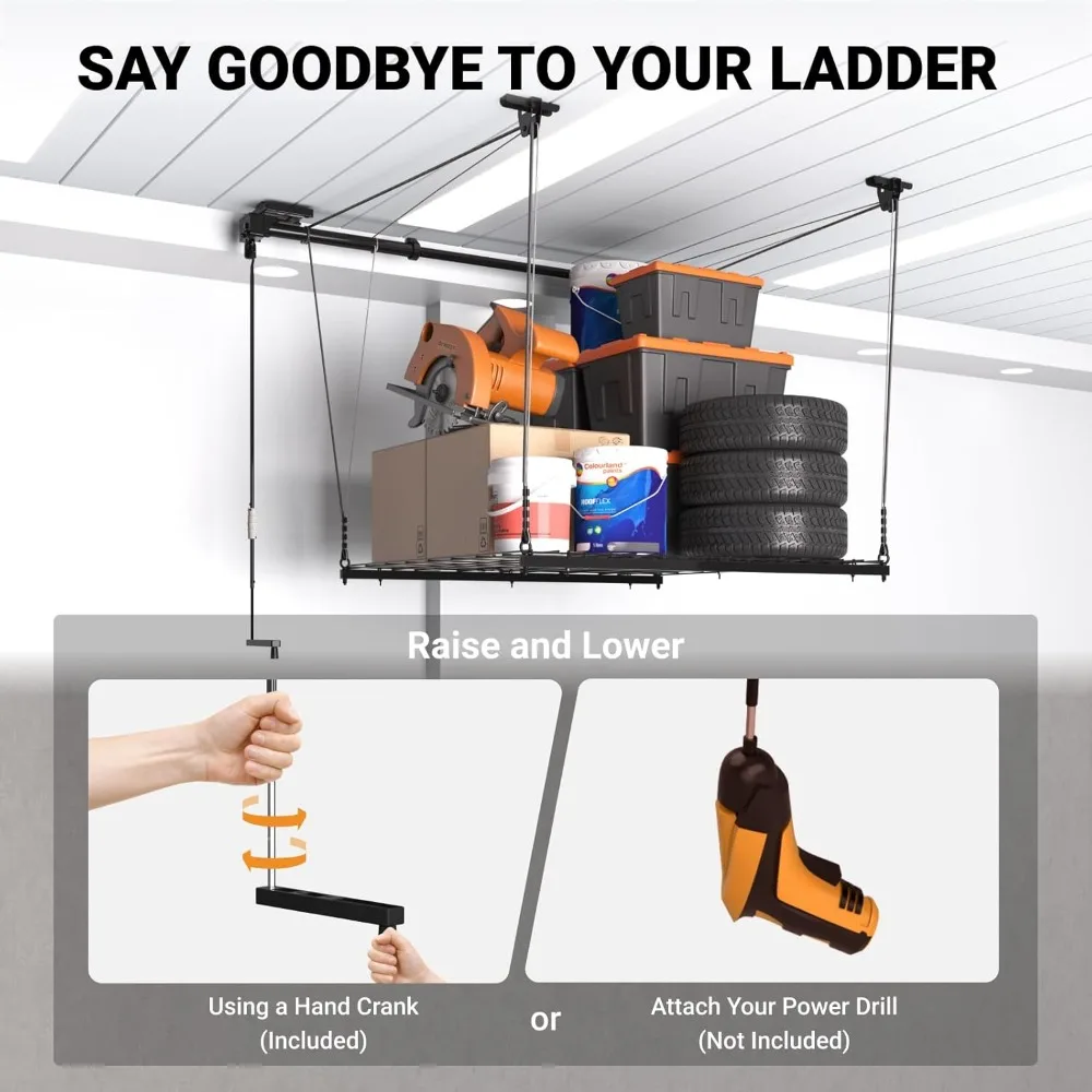 رف تخزين المرآب العلوي، رافعة تخزين سقف المرآب 4 × 4 أقدام، نظام رفع تخزين المرآب عالي التحمل مع سعة وزن 300 رطل