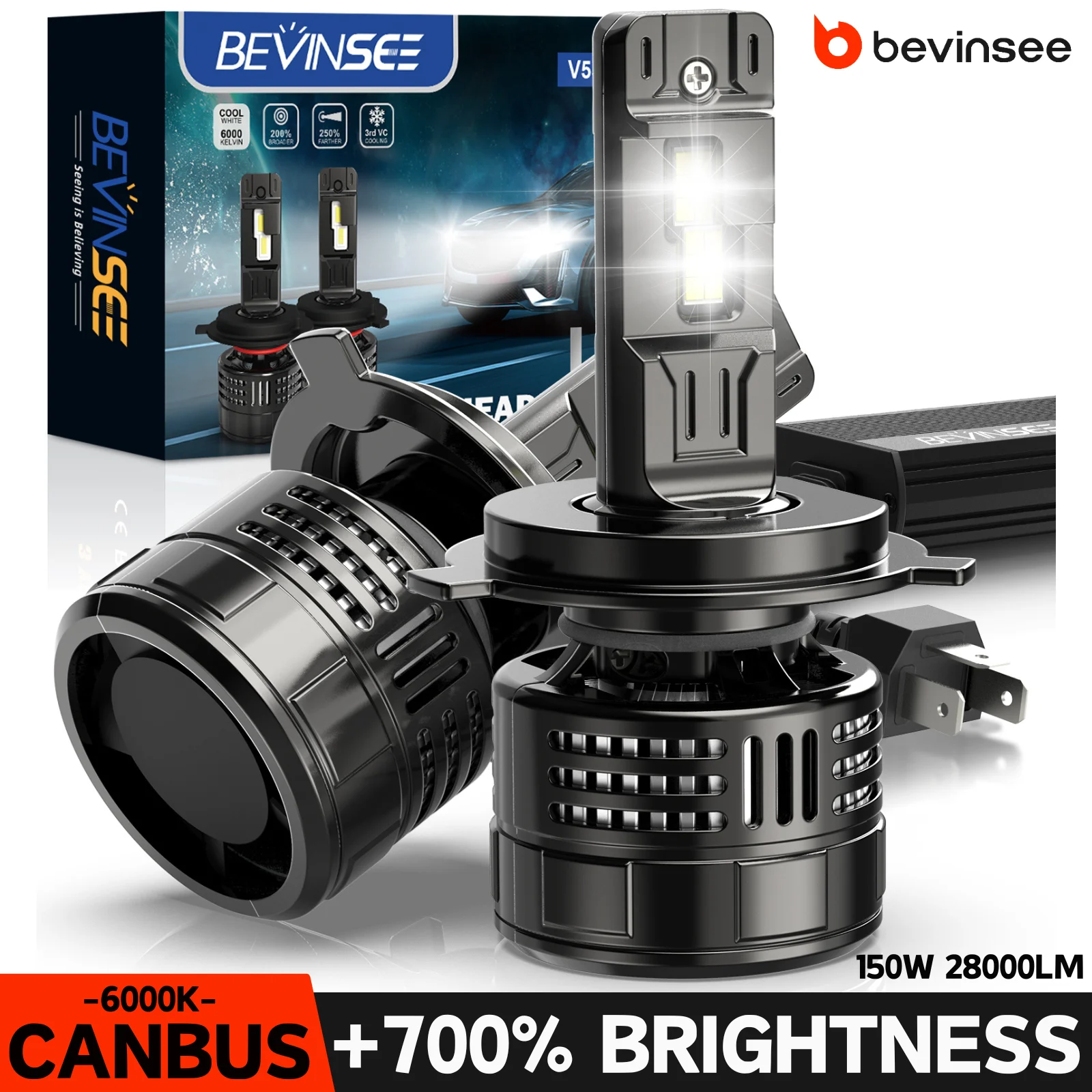 

BEVINSEE H4 High Power LED Auto CANBUS Headlights 150 28000LM H7 H11 HIR2 HB3 9005 HB4 9006 LED Lamp CANBUS No Error 6000K White